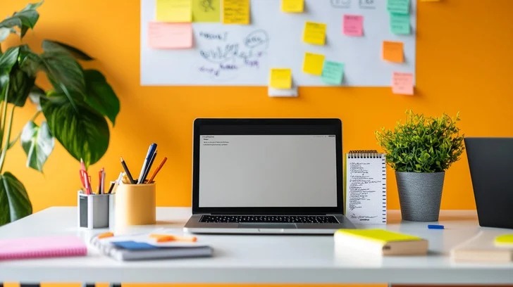A clean workspace laptop simulating project planning documentation setup.